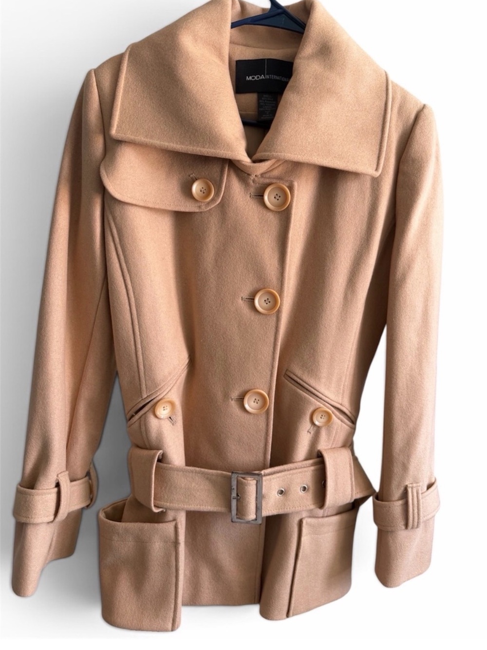 Moda International Wool Camel Trench Coat with Belted Waist